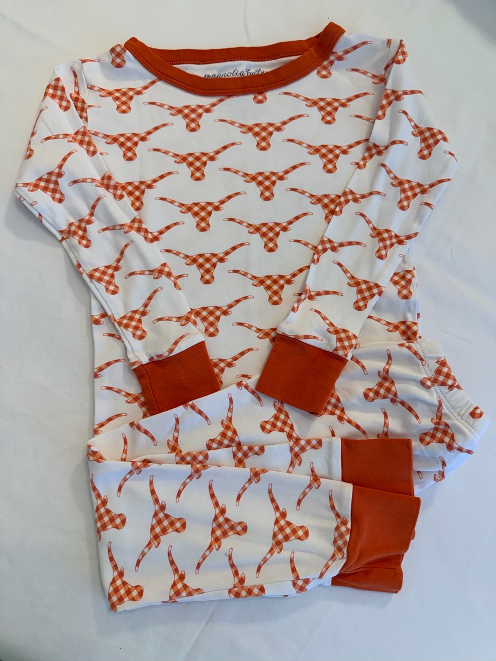 Magnolia Baby White and Orange Gingham Texas Longhorn Kids Pajama Set Size 6